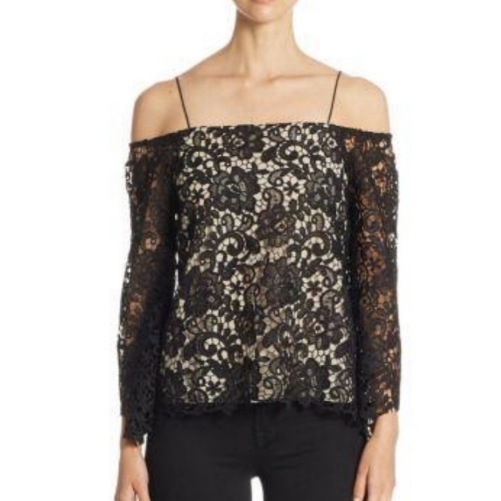 Alice+Olivia Prena Silk Blend Lace Trumpet Sleeve Top Black Size Small NWOT - Picture 3 of 15